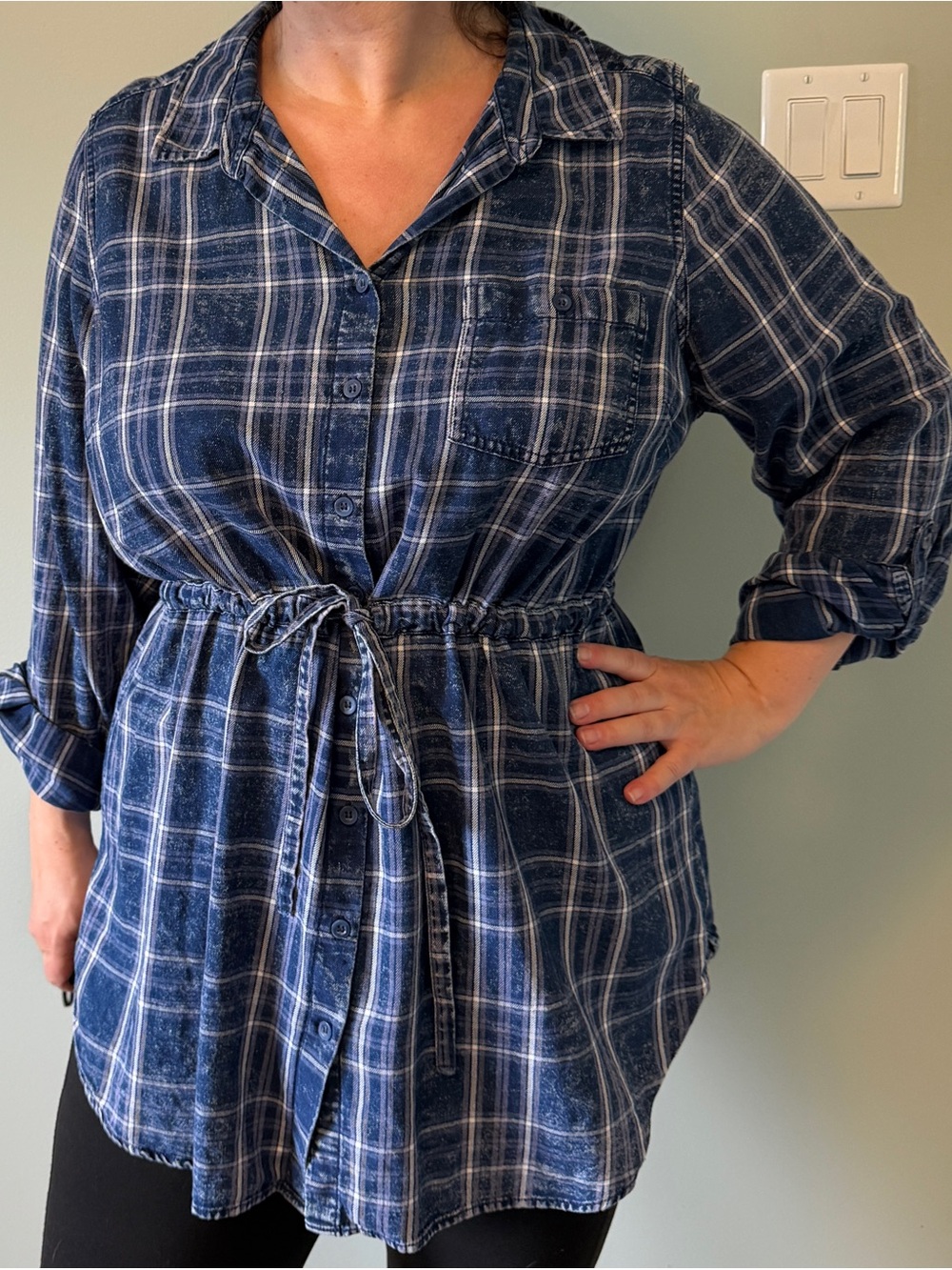 Women’s blue Plaid Button-Front Tunic with Drawstring Waist